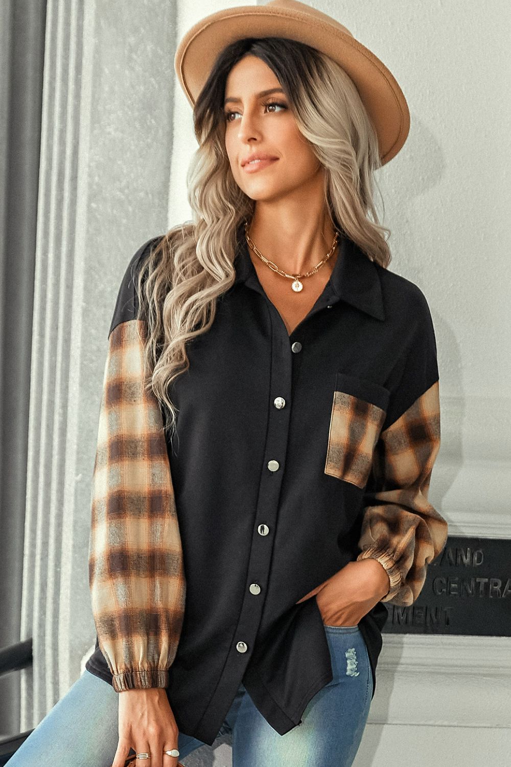 Plaid Dropped Shoulder Shirt with Breast Pocket  Shirts & Tops- Doll Fits