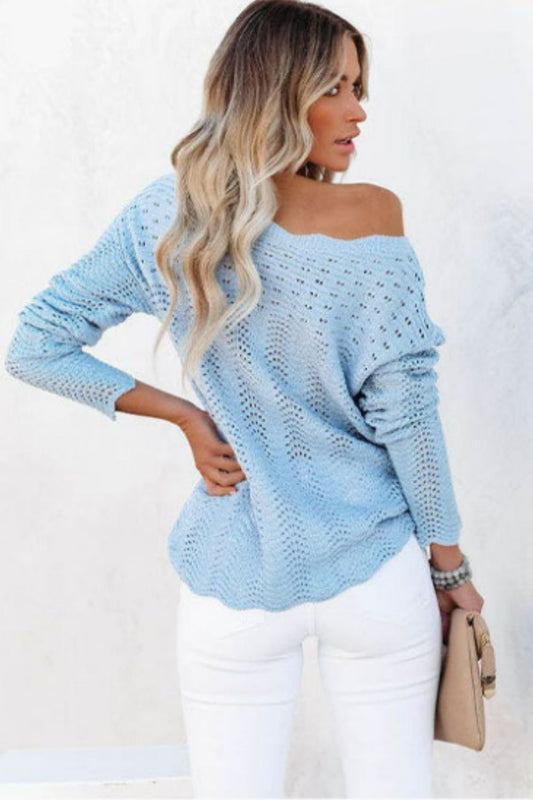 Scalloped Boat Neck Openwork Tunic Sweater  Shirts & Tops- Doll Fits