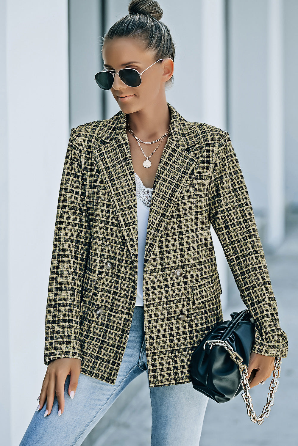 Plaid Double-Breasted Long Sleeve Blazer  Coats & Jackets- Doll Fits