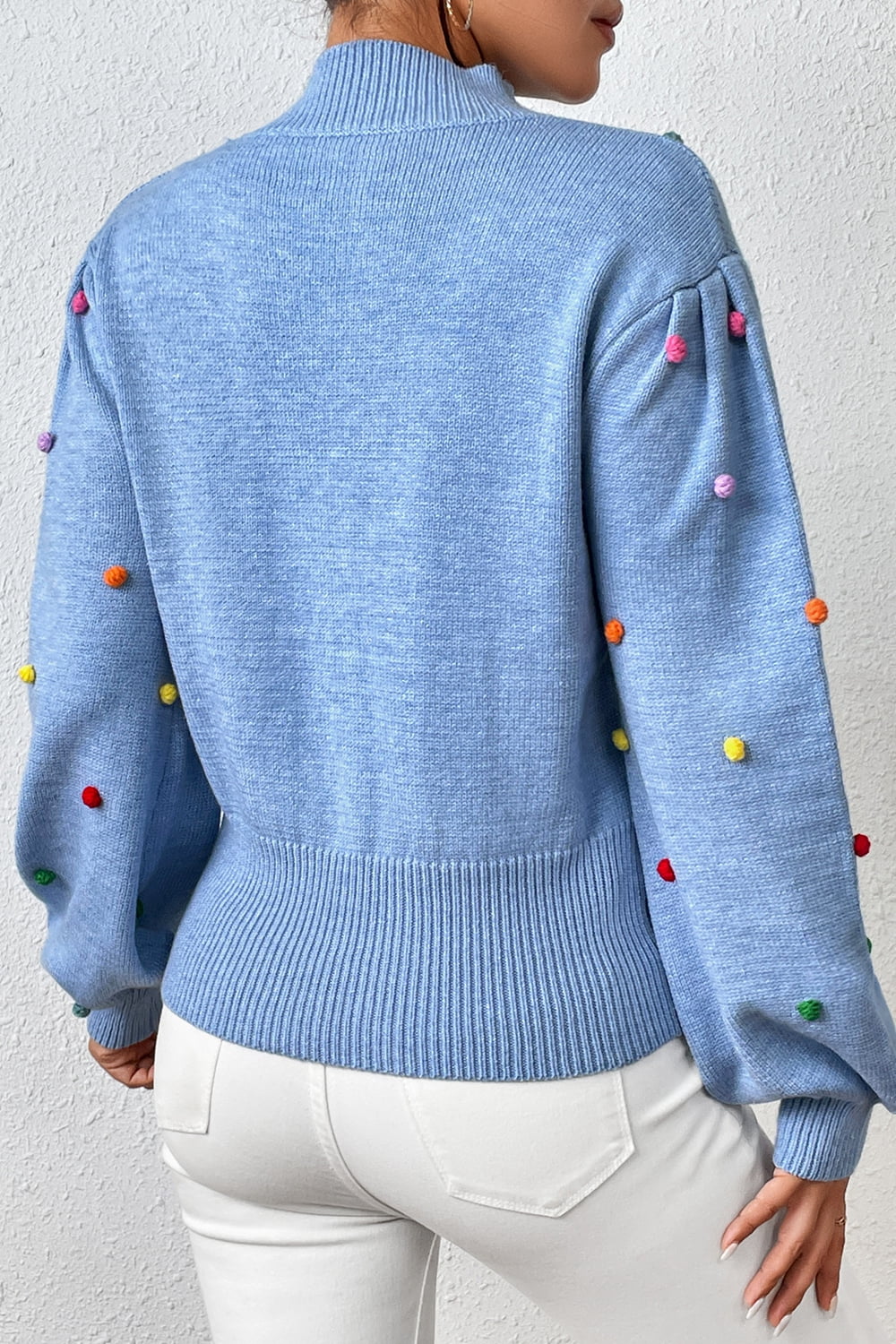 Pom-Pom Trim Mock Neck Long Sleeve Pullover Sweater  - Doll Fits