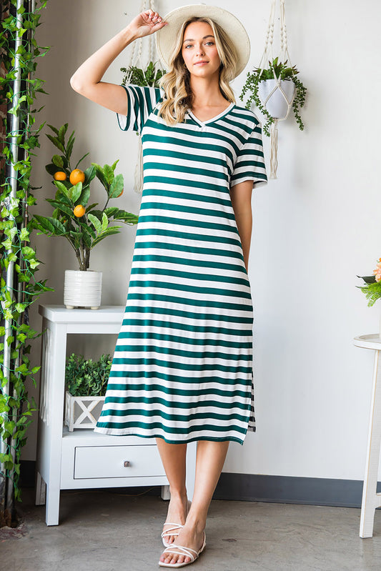 Striped V-Neck Short Sleeve Side Slit Dress  Dresses- Doll Fits