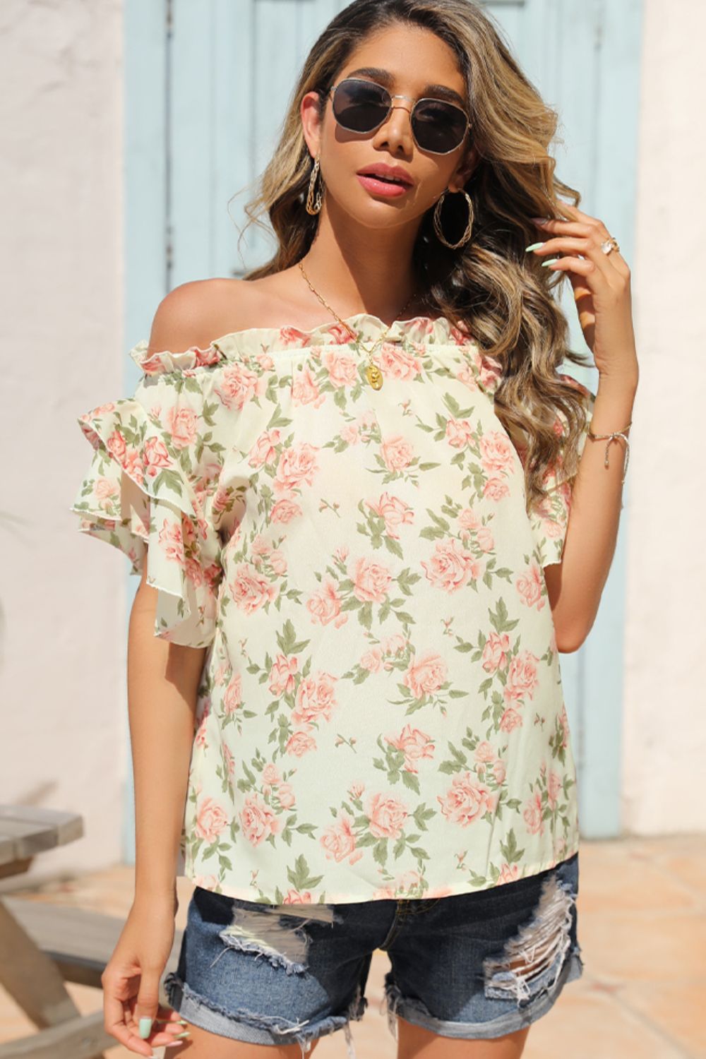 Floral Frill Trim Off-Shoulder Blouse  Shirts & Tops- Doll Fits