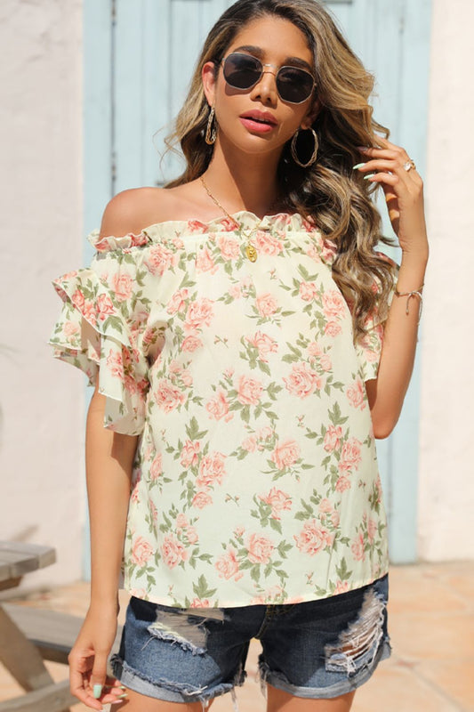 Floral Frill Trim Off-Shoulder Blouse  Shirts & Tops- Doll Fits