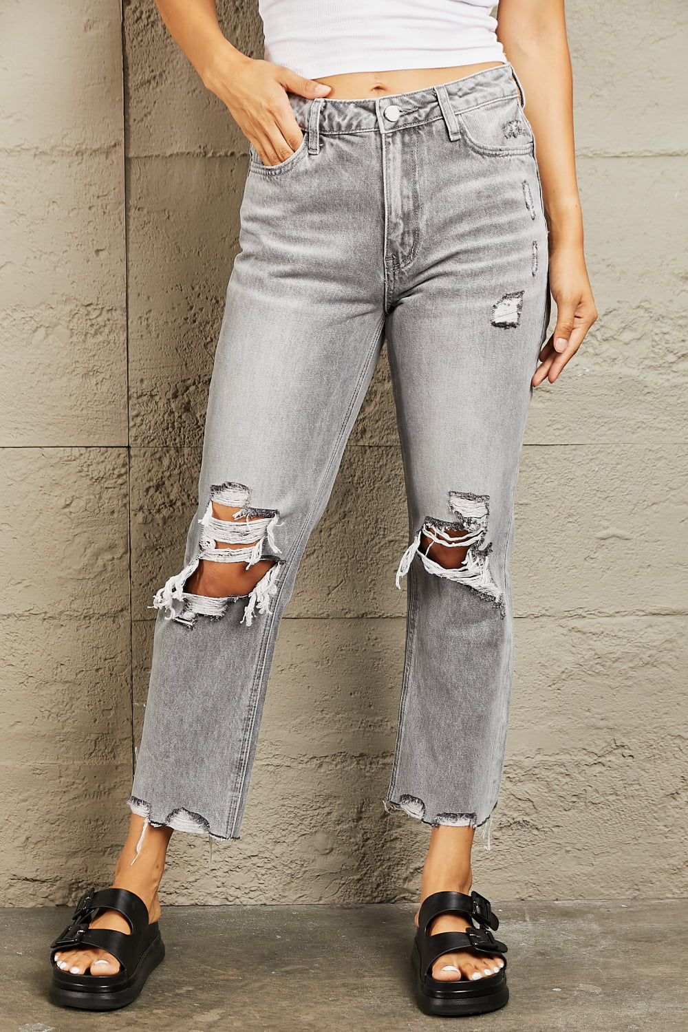 BAYEAS High Waisted Cropped Straight Jeans  - Doll Fits
