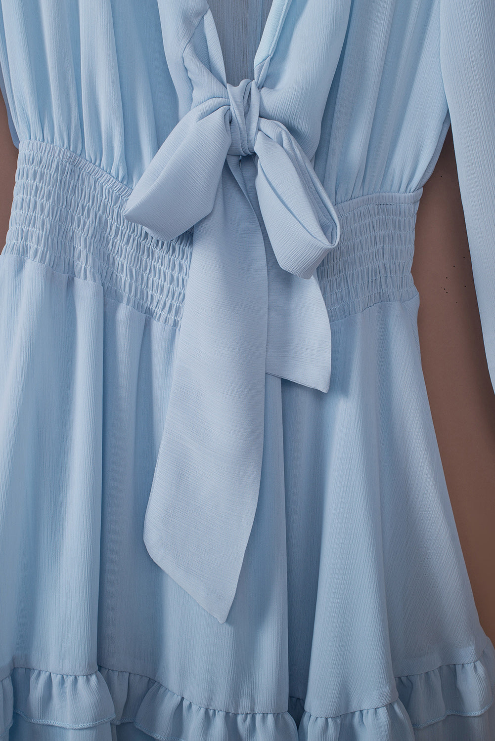 Tied Plunge Smocked Waist Flounce Sleeve Dress  Dresses- Doll Fits