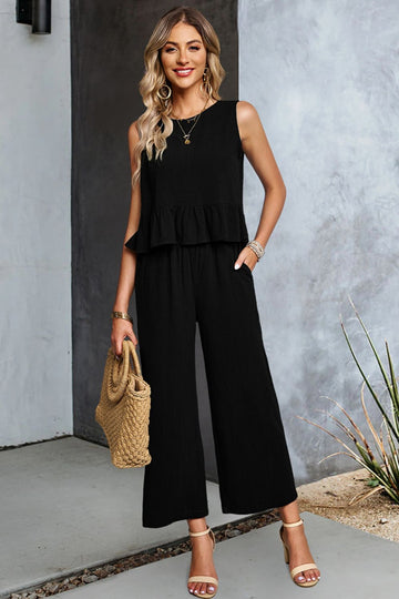Decorative Button Ruffle Hem Tank and Pants Set  Outfit Sets- Doll Fits