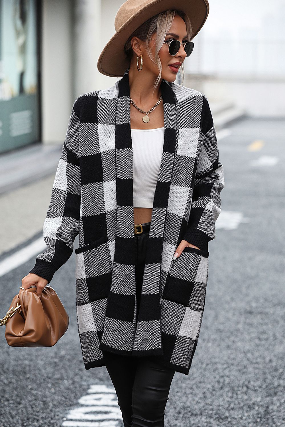 Plaid Dropped Shoulder Cardigan with Pocket  - Doll Fits