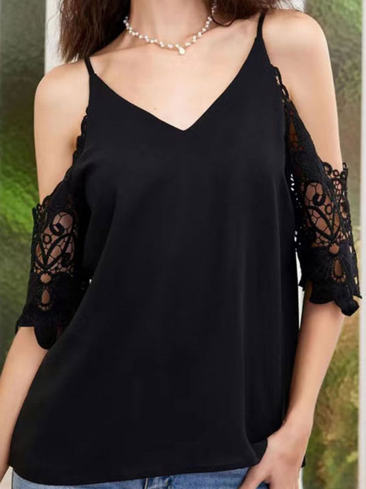 Cold-Shoulder V-Neck Spliced Lace Blouse  Shirts & Tops- Doll Fits
