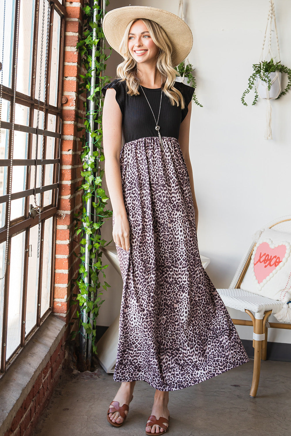 Leopard Print Round Neck Maxi Dress with Pockets  Dresses- Doll Fits