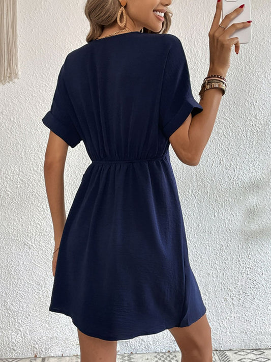 Tied Cuffed Sleeve Surplice Dress  Dresses- Doll Fits