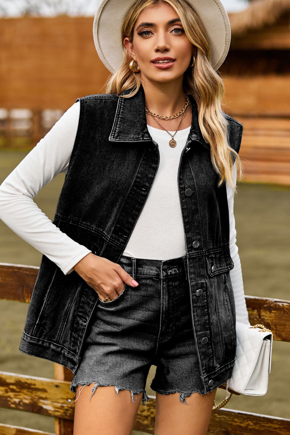 Sleeveless Collared Neck Denim Top with Pockets  Shirts & Tops- Doll Fits