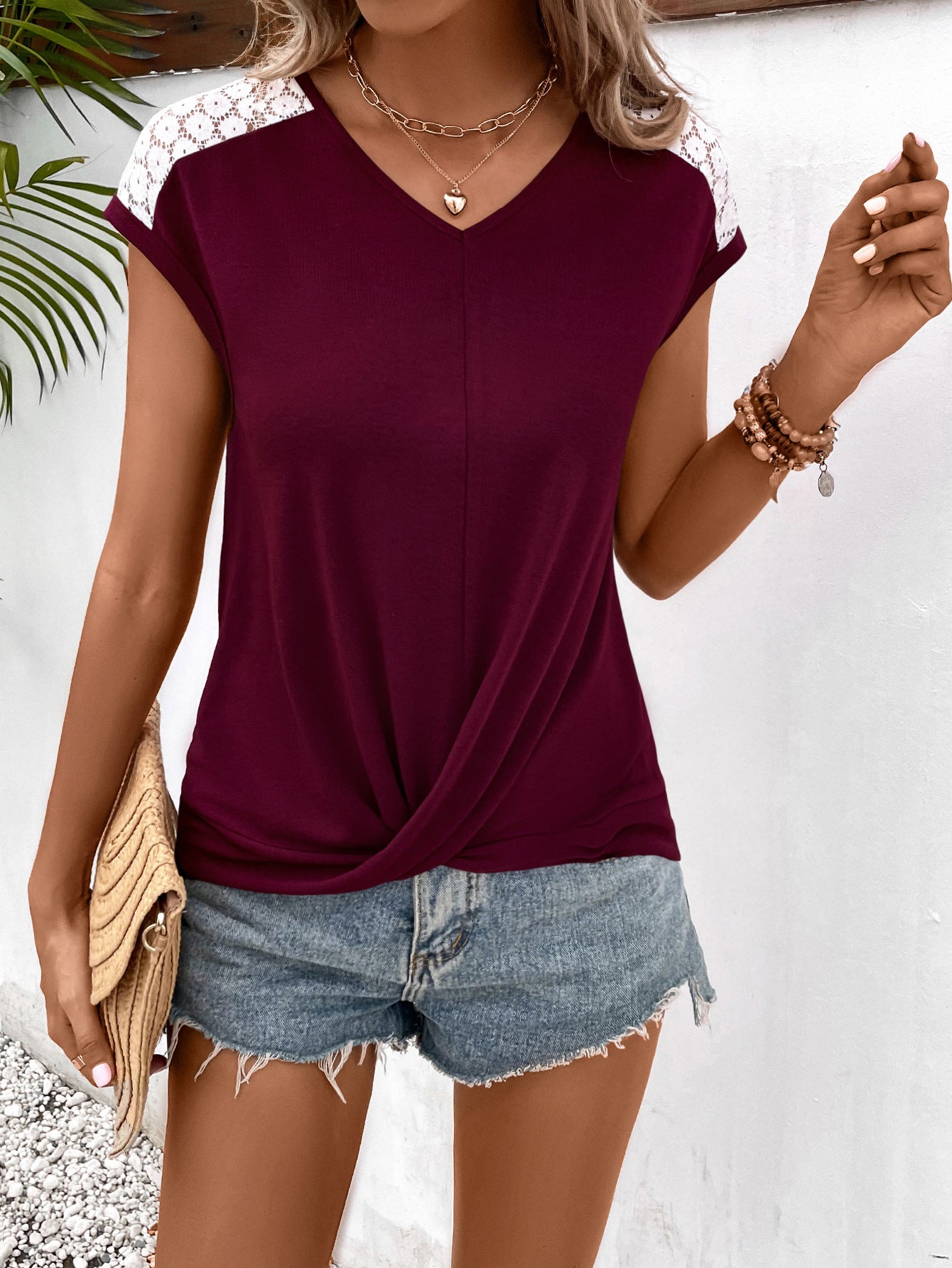 Spliced Lace V-Neck Twisted Hem Tee  Shirts & Tops- Doll Fits