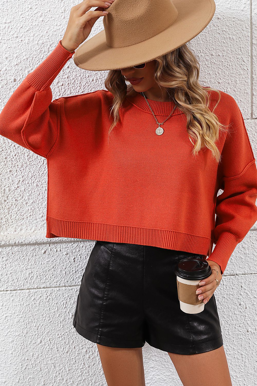 Round Neck Dropped Shoulder Pullover Sweater  - Doll Fits