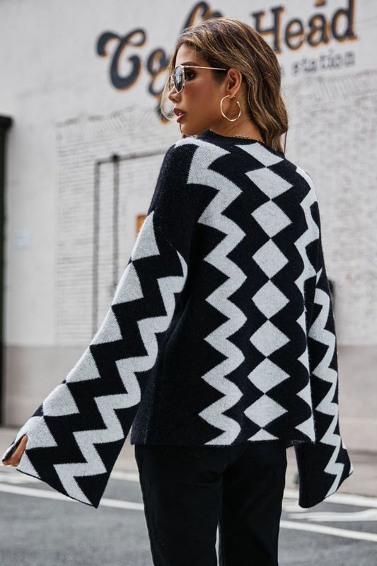Geometric Slit Flare Sleeve Round Neck Sweater  Shirts & Tops- Doll Fits
