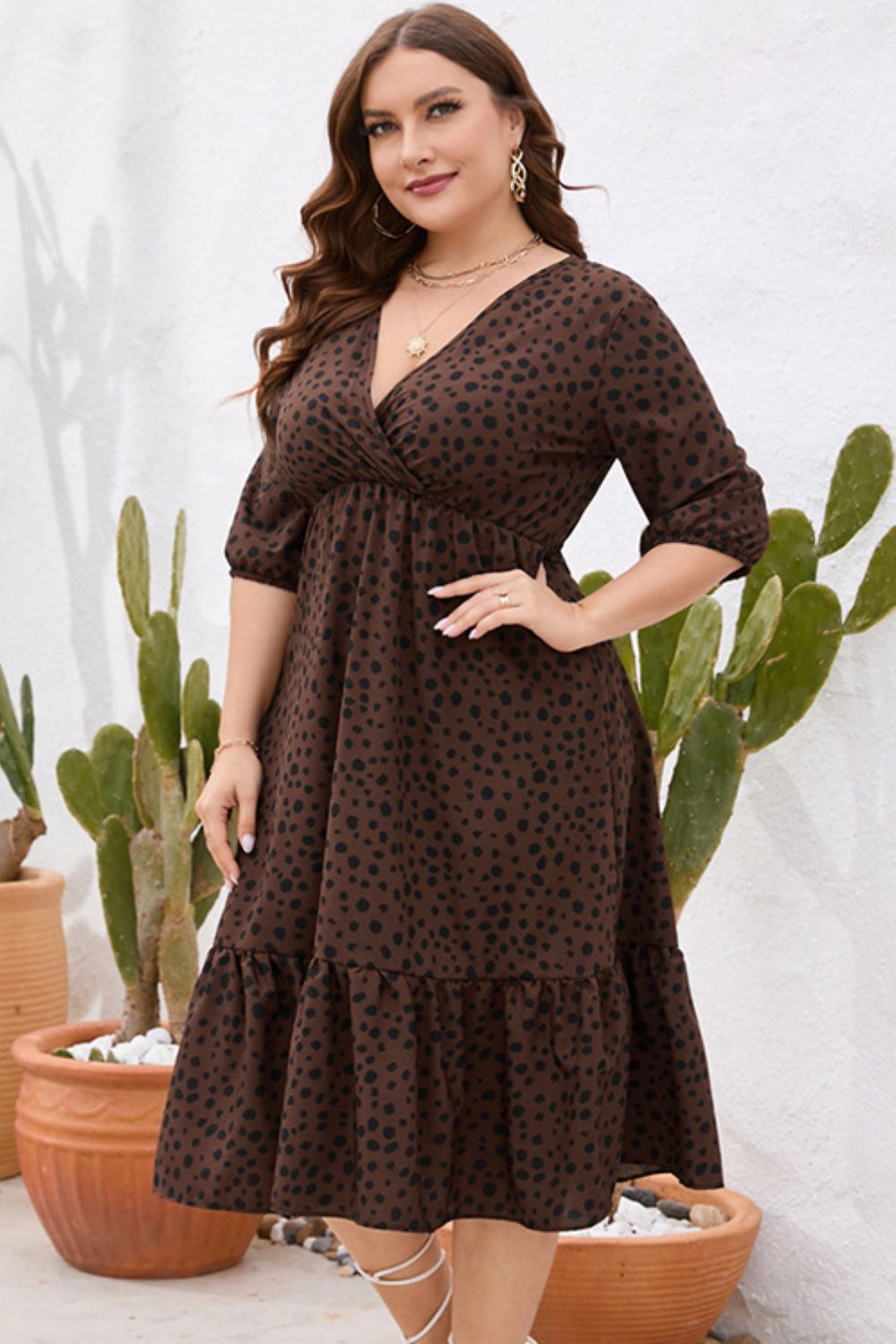 Plus Size Printed Surplice Ruffle Hem Dress  Dresses- Doll Fits