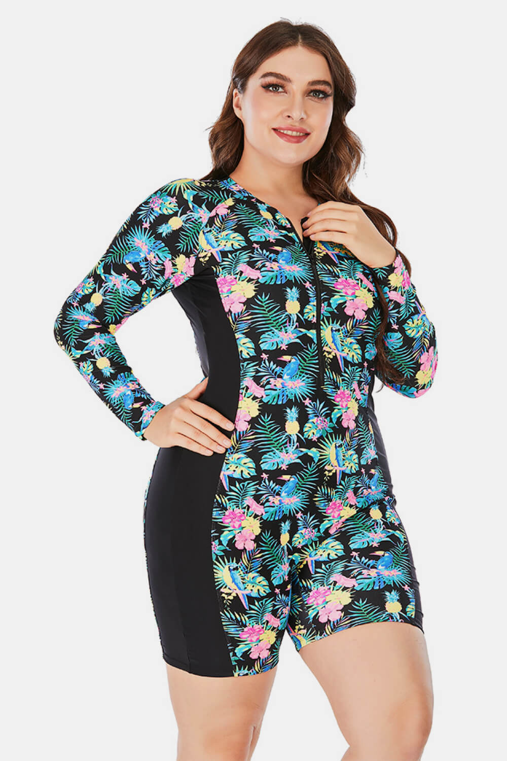 Plus Size Floral Long Sleeve One-Piece Swimsuit  Swimwear- Doll Fits