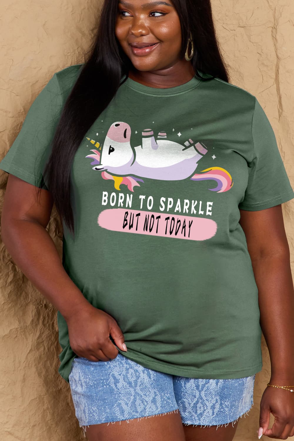 Simply Love Full Size BORN TO SPARKLE BUT NOT TODAY Graphic Cotton Tee  - Doll Fits