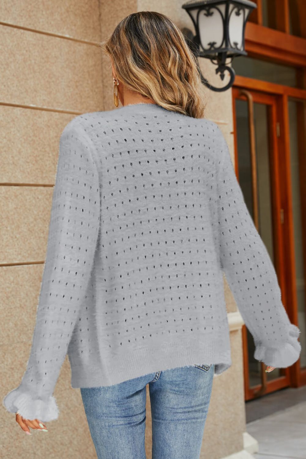 Openwork Flounce Sleeve Button-Up Fuzzy Cardigan  Coats & Jackets- Doll Fits