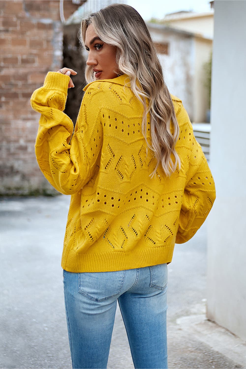 Openwork Long Sleeve Notched Neck Sweater  - Doll Fits