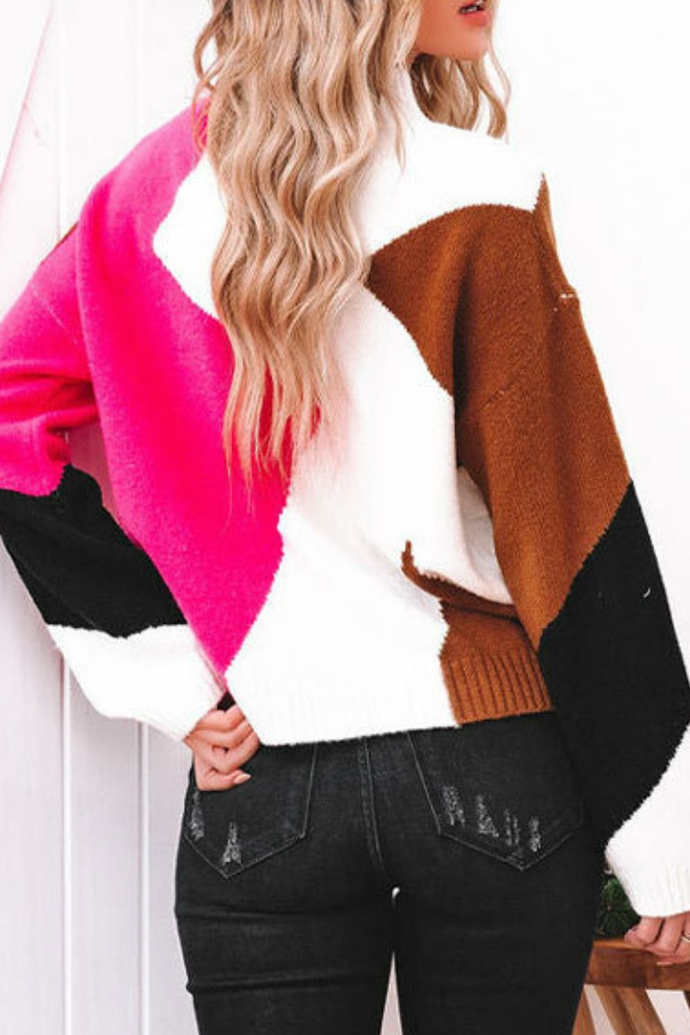 Color Block Mock Neck Ribbed Trim Sweater  Shirts & Tops- Doll Fits