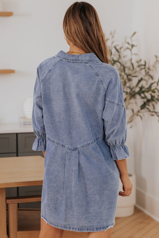 Collared Neck Flounce Sleeve Denim Mini Dress  Dresses- Doll Fits