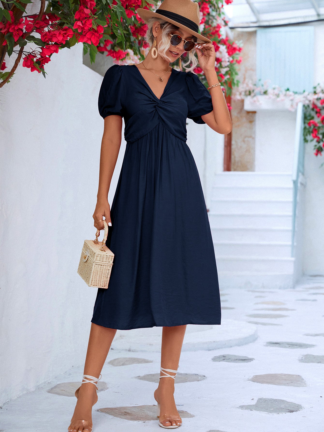 Twisted Short Puff Sleeve V-Neck Dress  Dresses- Doll Fits