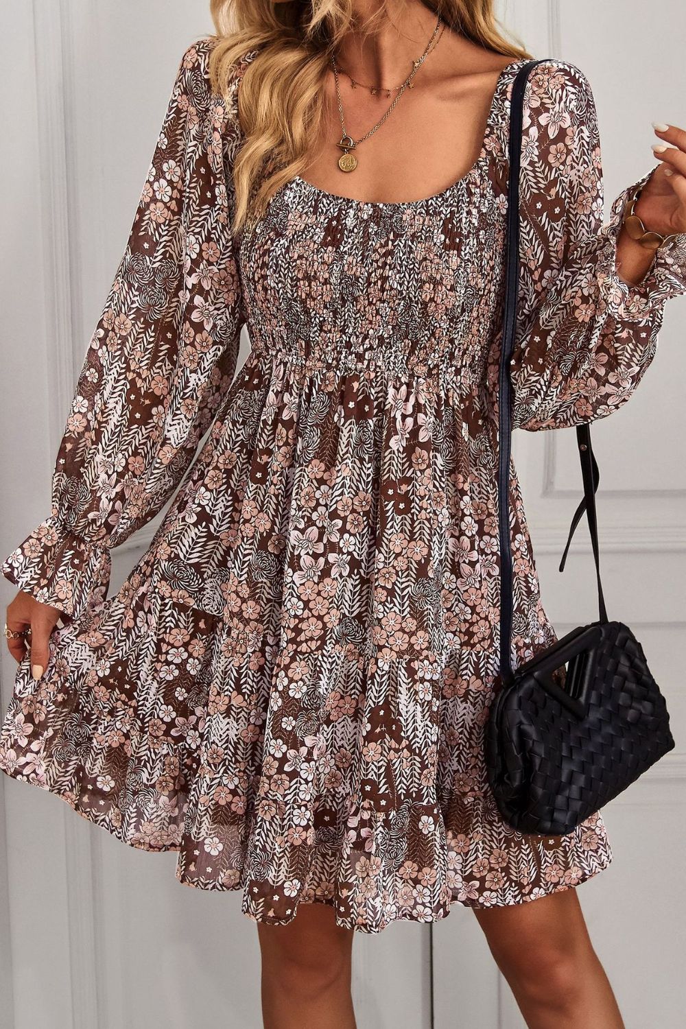 Floral Long Flounce Sleeve Square Neck Dress  Dresses- Doll Fits