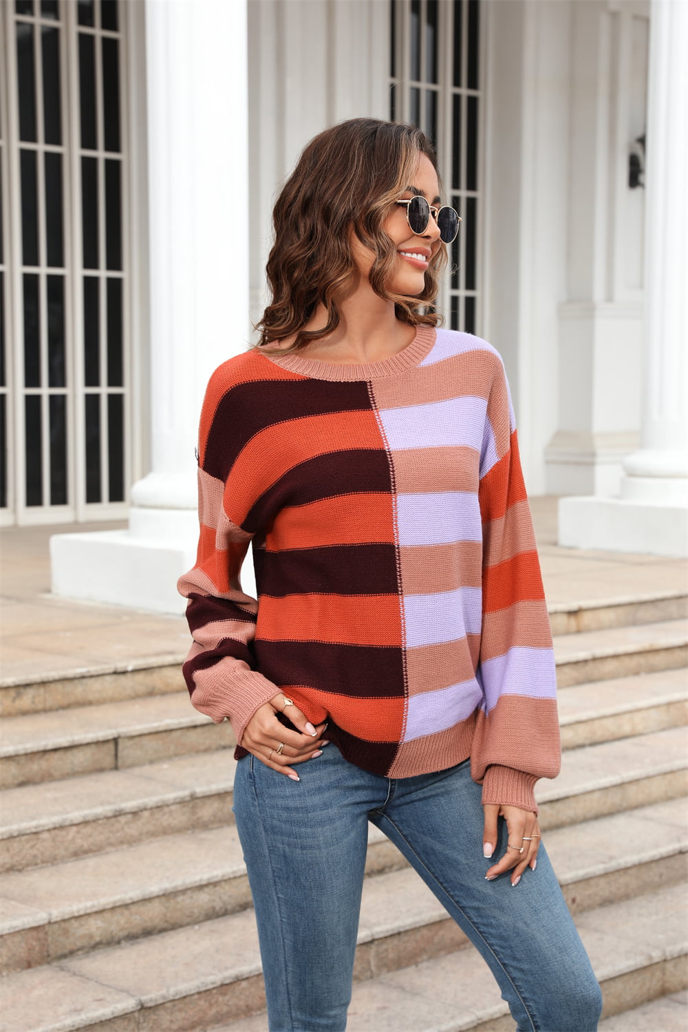 Round Neck Long Sleeve Color Block Dropped Shoulder Pullover Sweater  Shirts & Tops- Doll Fits
