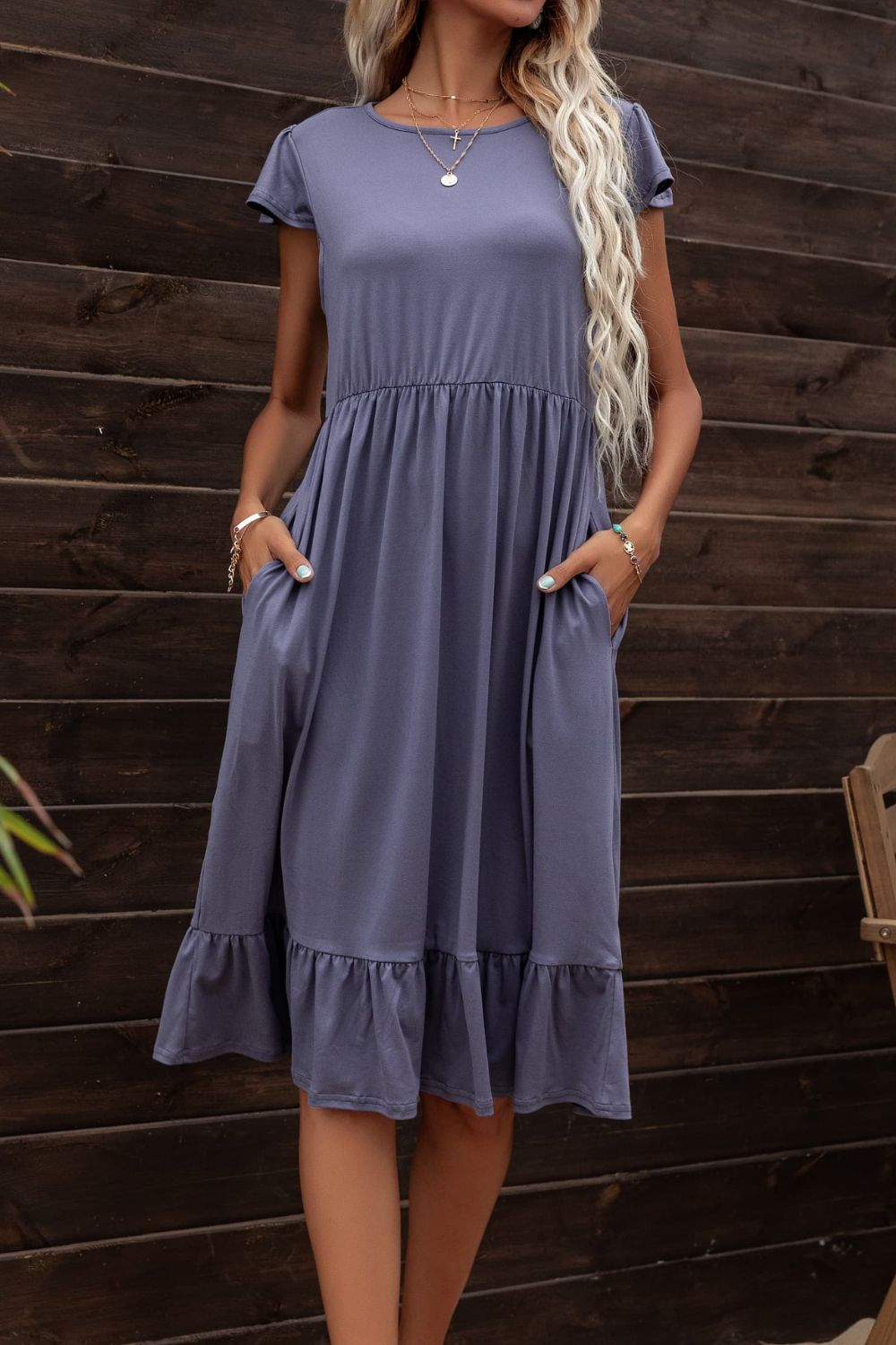 Round Neck Ruffle Hem Pocket Dress  Dresses- Doll Fits