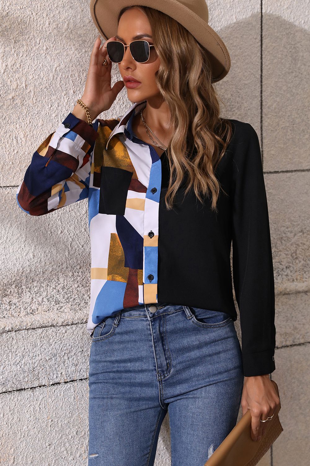 Contrast Printed Long Sleeve Collared Neck Shirt  - Doll Fits