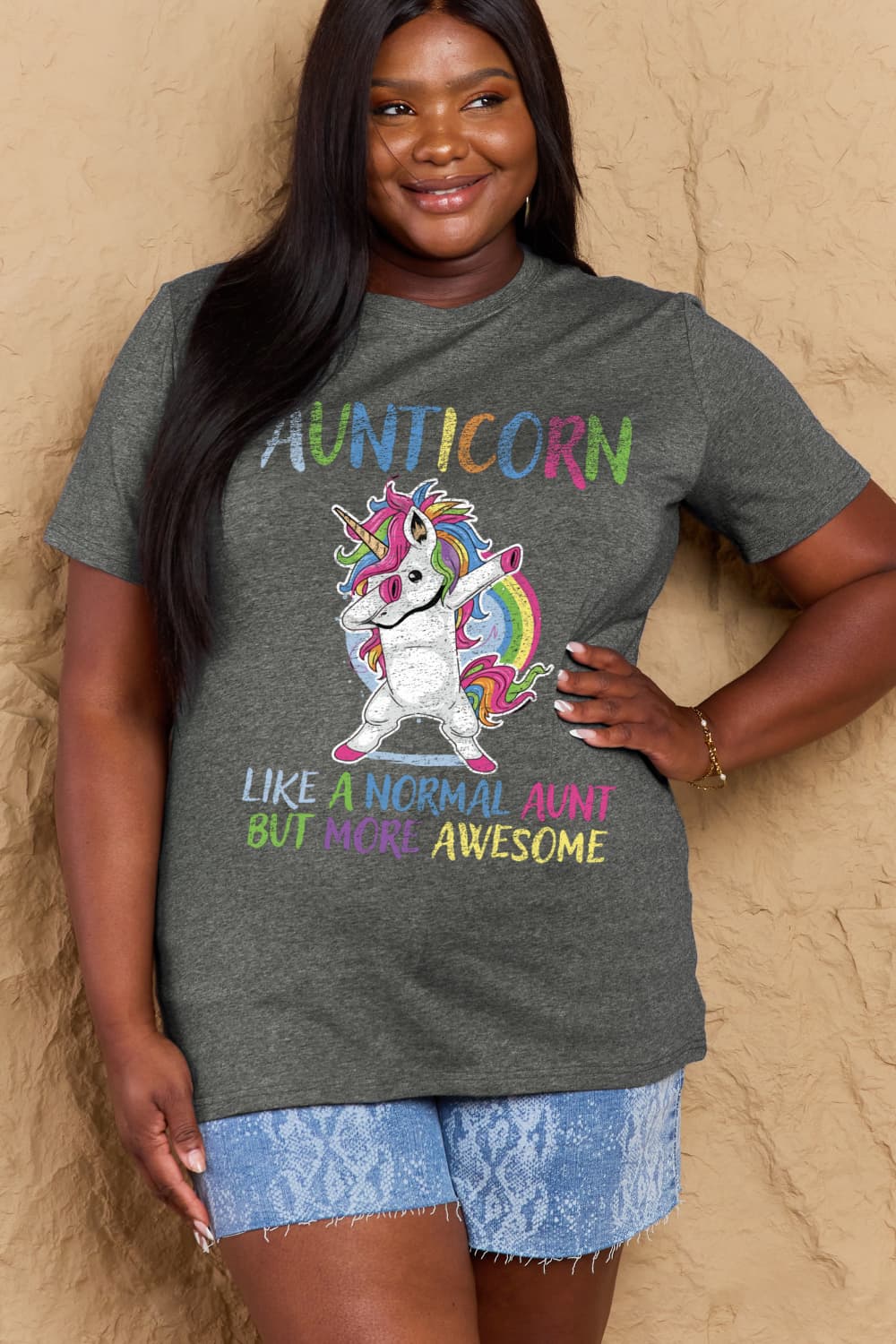 Simply Love Full Size AUNTICORN LIKE A NORMAL AUNT BUT MORE AWESOME Graphic Cotton Tee  - Doll Fits