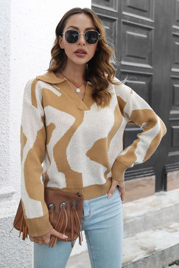 Two-Tone Johnny Collar Dropped Shoulder Pullover Sweater  - Doll Fits