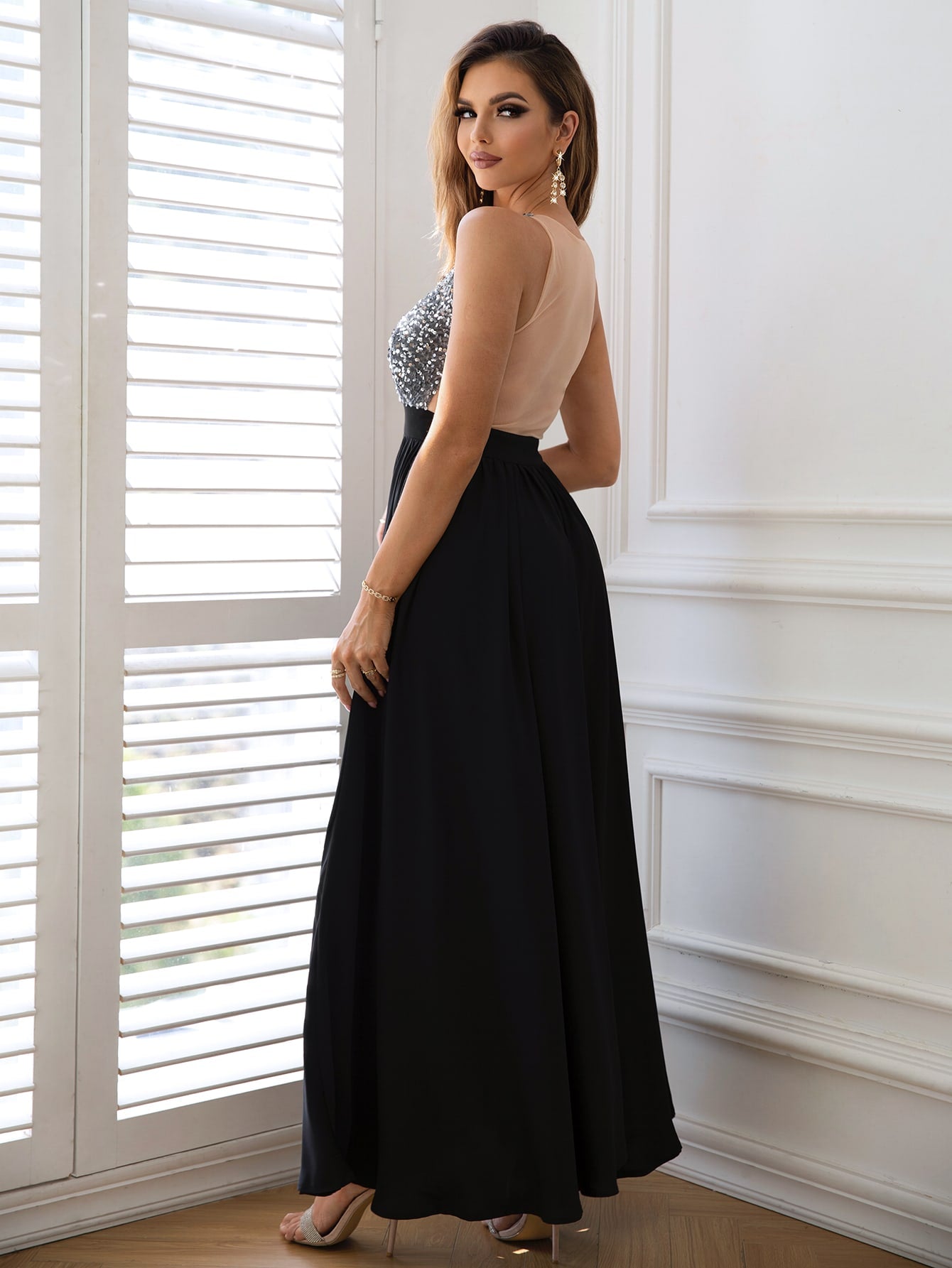 Contrast Sequin Sleeveless Maxi Dress  Dresses- Doll Fits
