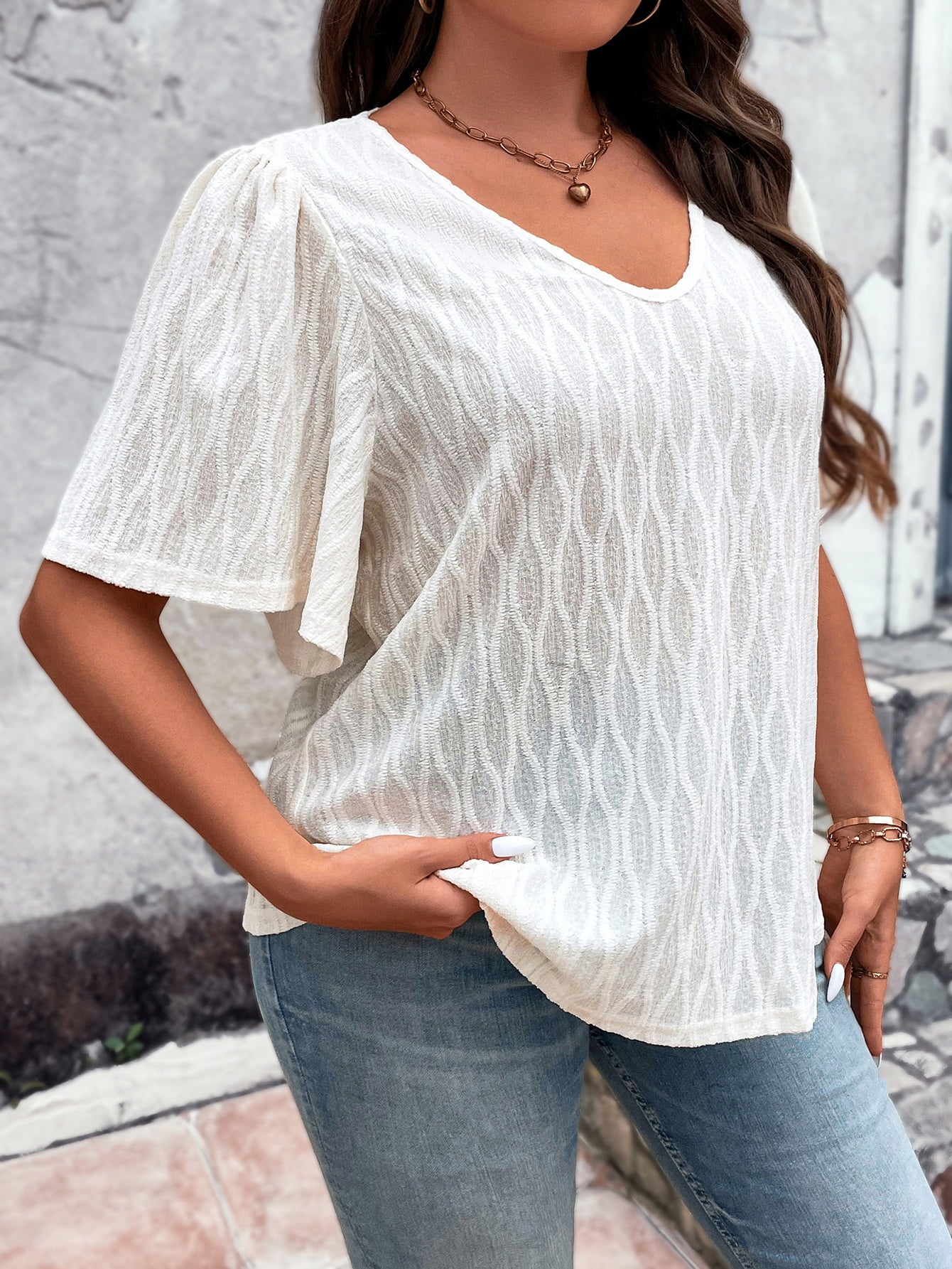 Plus Size V-Neck Puff Sleeve Blouse  Shirts & Tops- Doll Fits
