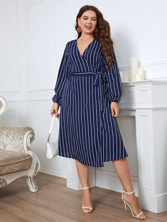 Melo Apparel Plus Size Striped Surplice Neck Long Sleeve Dress  Dresses- Doll Fits
