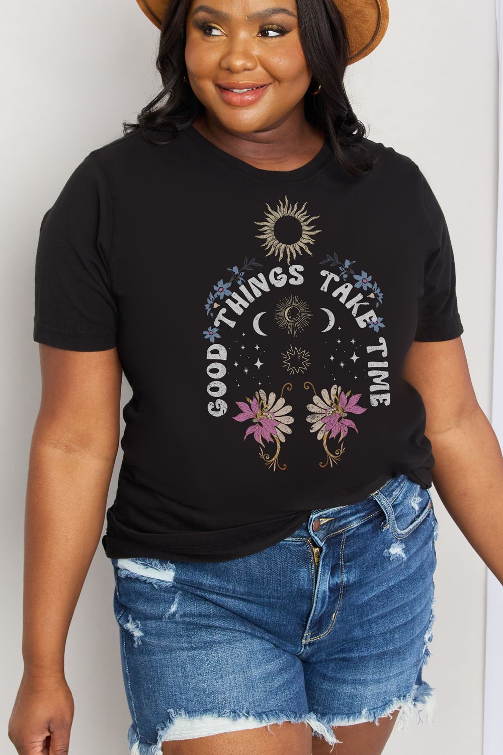 Simply Love Full Size GOOD THINGS TAKE TIME Graphic Cotton Tee  Shirts & Tops- Doll Fits