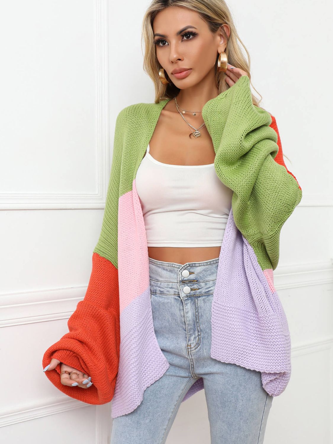 Color Block Open Front Balloon Sleeve Longline Cardigan  Coats & Jackets- Doll Fits