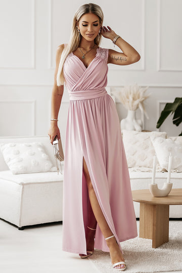 Surplice Neck Spliced Lace Split Maxi Dress  Dresses- Doll Fits
