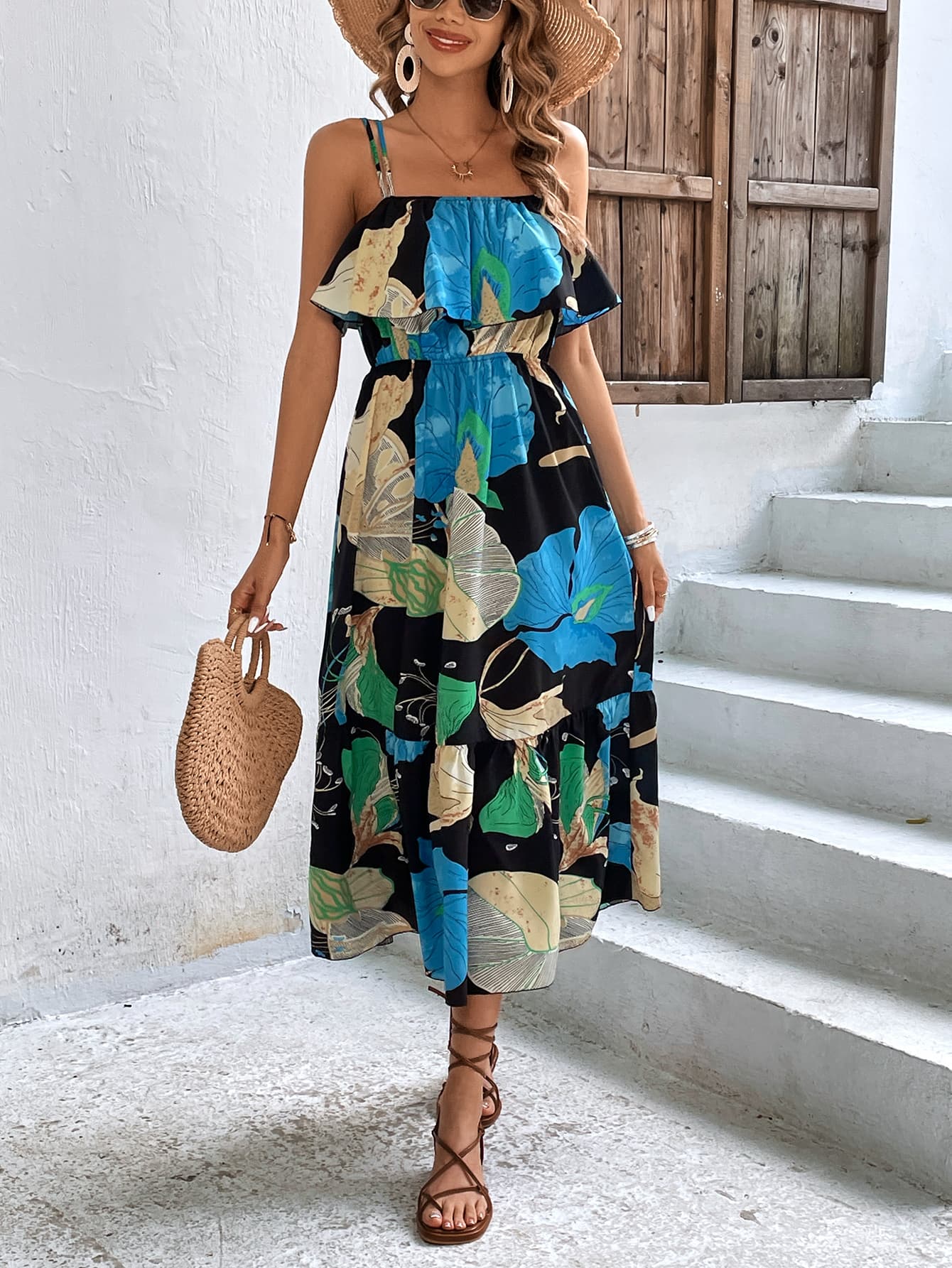 Floral Double-Strap Ruffle Hem Dress  Dresses- Doll Fits