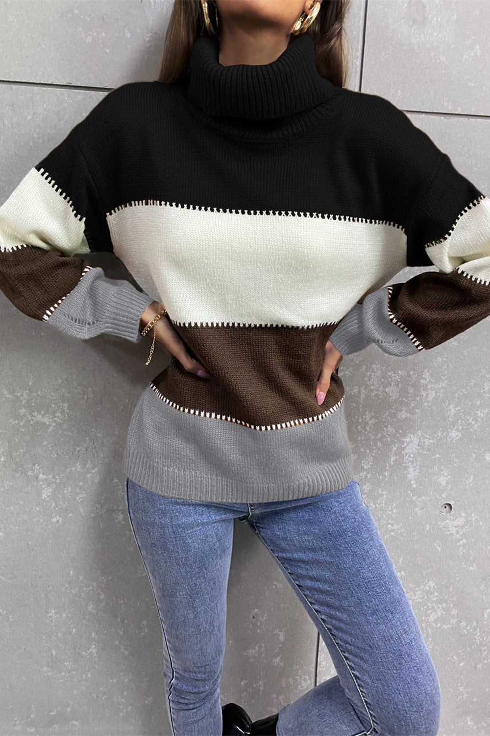 Color Block Lantern Sleeve Turtleneck Sweater  Shirts & Tops- Doll Fits