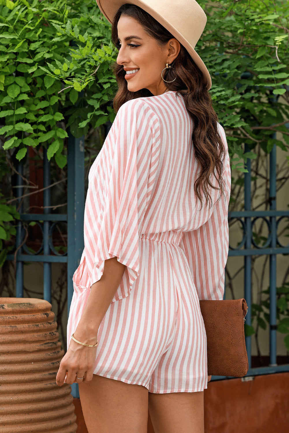 Striped Tie Front Three-Quarter Sleeve Romper  Jumpsuits & Rompers- Doll Fits