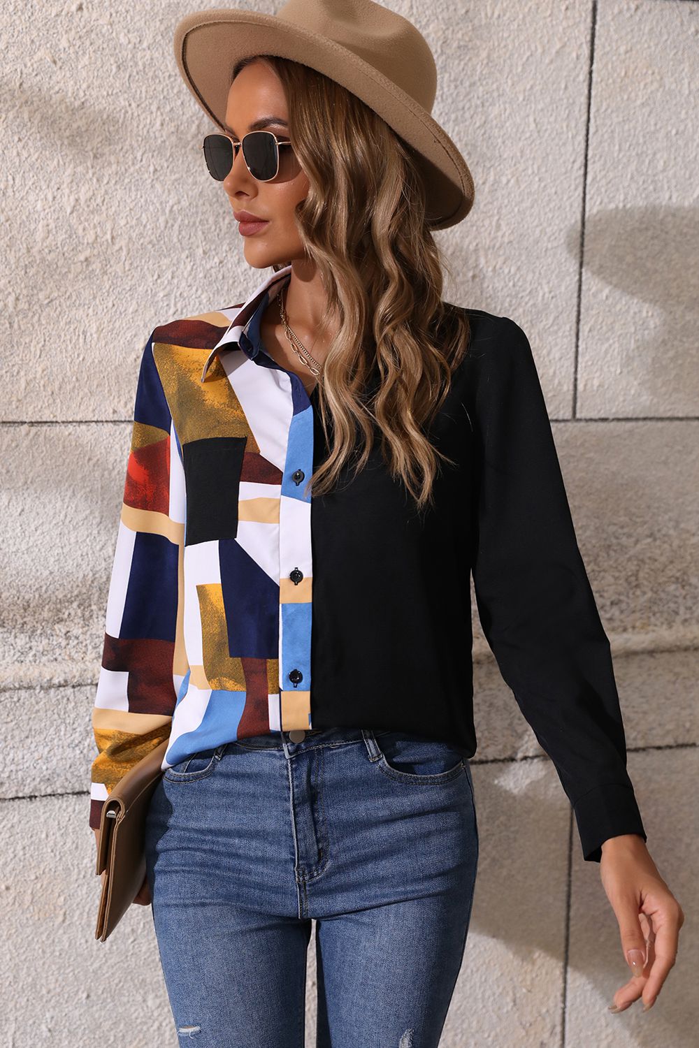 Contrast Printed Long Sleeve Collared Neck Shirt  - Doll Fits