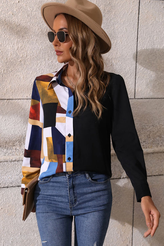 Contrast Printed Long Sleeve Collared Neck Shirt  - Doll Fits