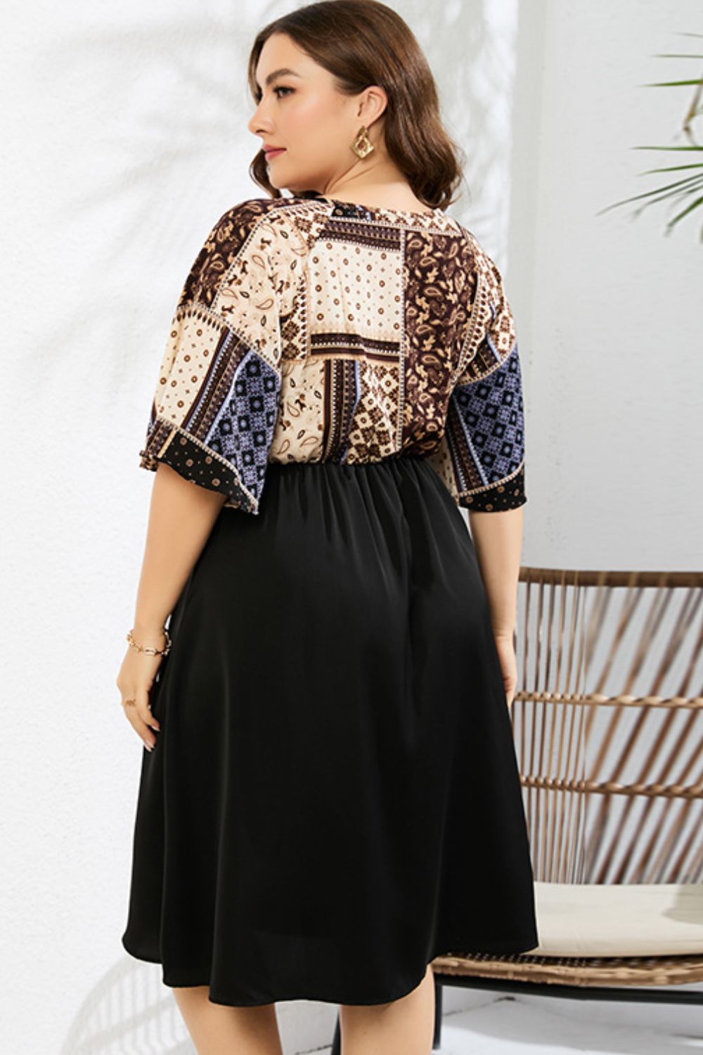 Plus Size Printed Two-Tone Flutter Sleeve Dress  Dresses- Doll Fits