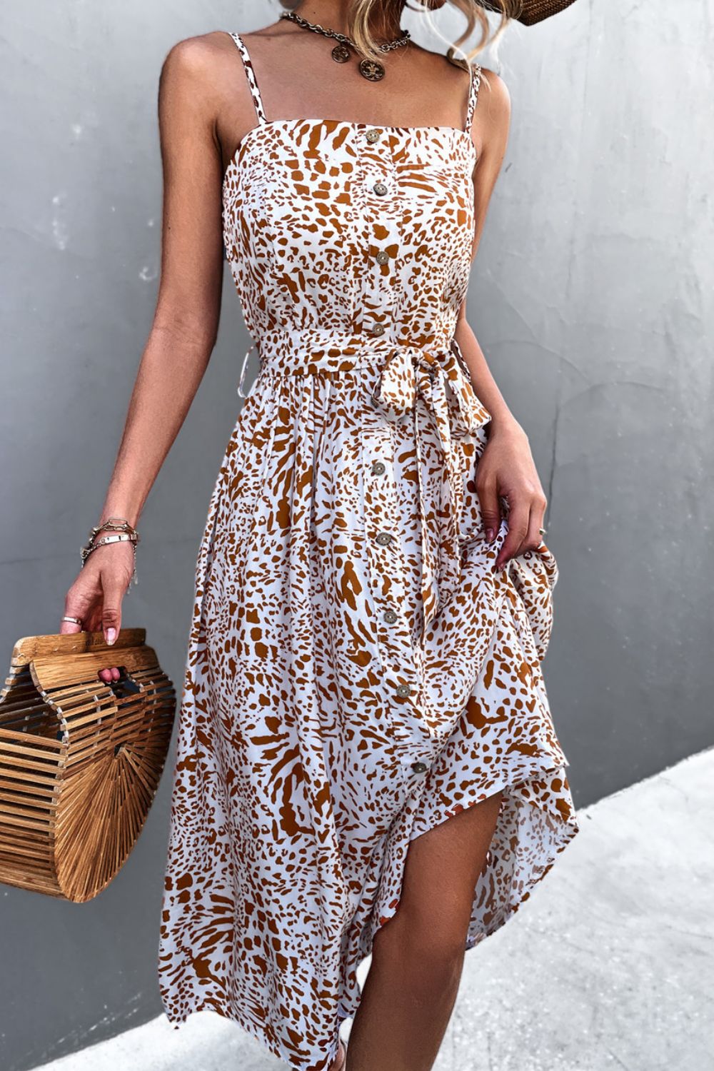 Printed Spaghetti Strap Decorative Button Belted Dress  Dresses- Doll Fits