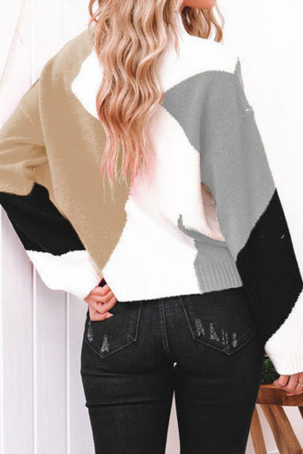 Color Block Mock Neck Ribbed Trim Sweater  Shirts & Tops- Doll Fits