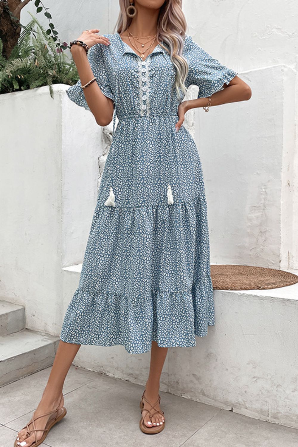 Printed Tassel Tie Flounce Sleeve Dress  Dresses- Doll Fits