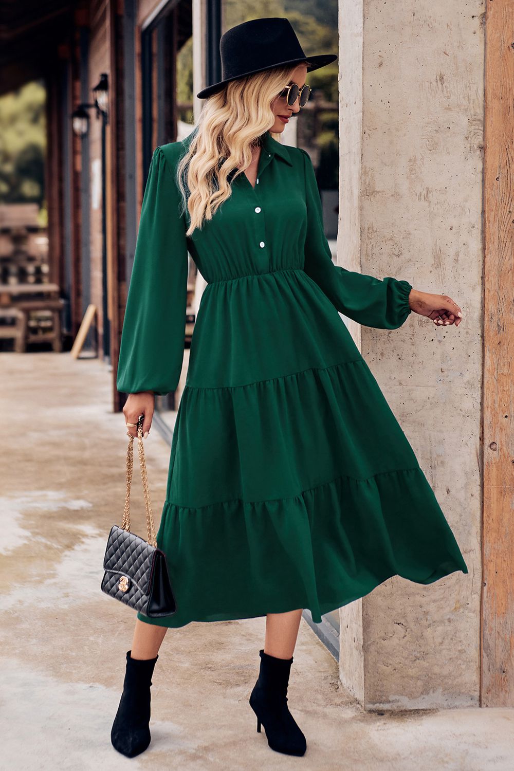 Collared Neck Long Sleeve Midi Dress  Dresses- Doll Fits