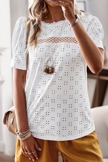 Spliced Lace Short Puff Sleeve Top  Shirts & Tops- Doll Fits