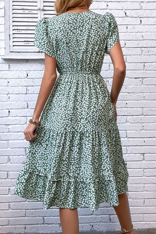Floral Tie Neck Petal Sleeve Dress  Dresses- Doll Fits